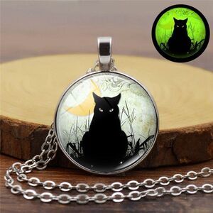 Black Cat Moon Glow in the Dark Pendant Necklace Gothic Halloween Silver Tone